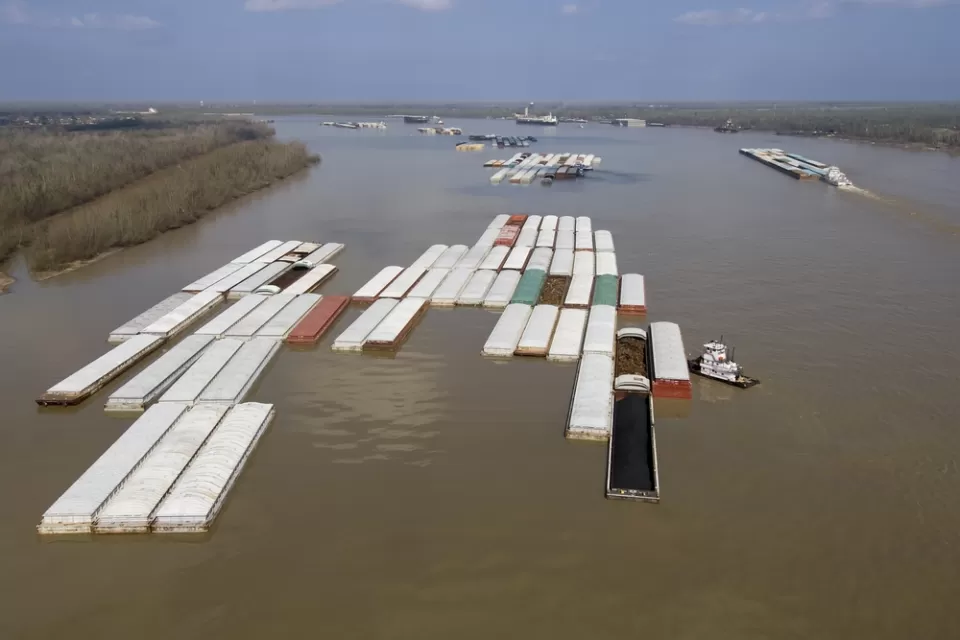 Aerial view of shipping barge on the Mississippi River